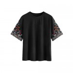 SheIn Women's Short Sleeve Embroidery Shirt Crew Neck Blouse Floral Tunic Tee Tops