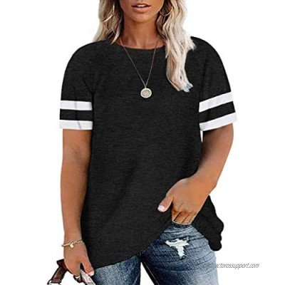 Soesdemo Women Plus Size Short Sleeve Tunic Tops Color Block Causal Loose Fit T Shirts Blouse M-4XL