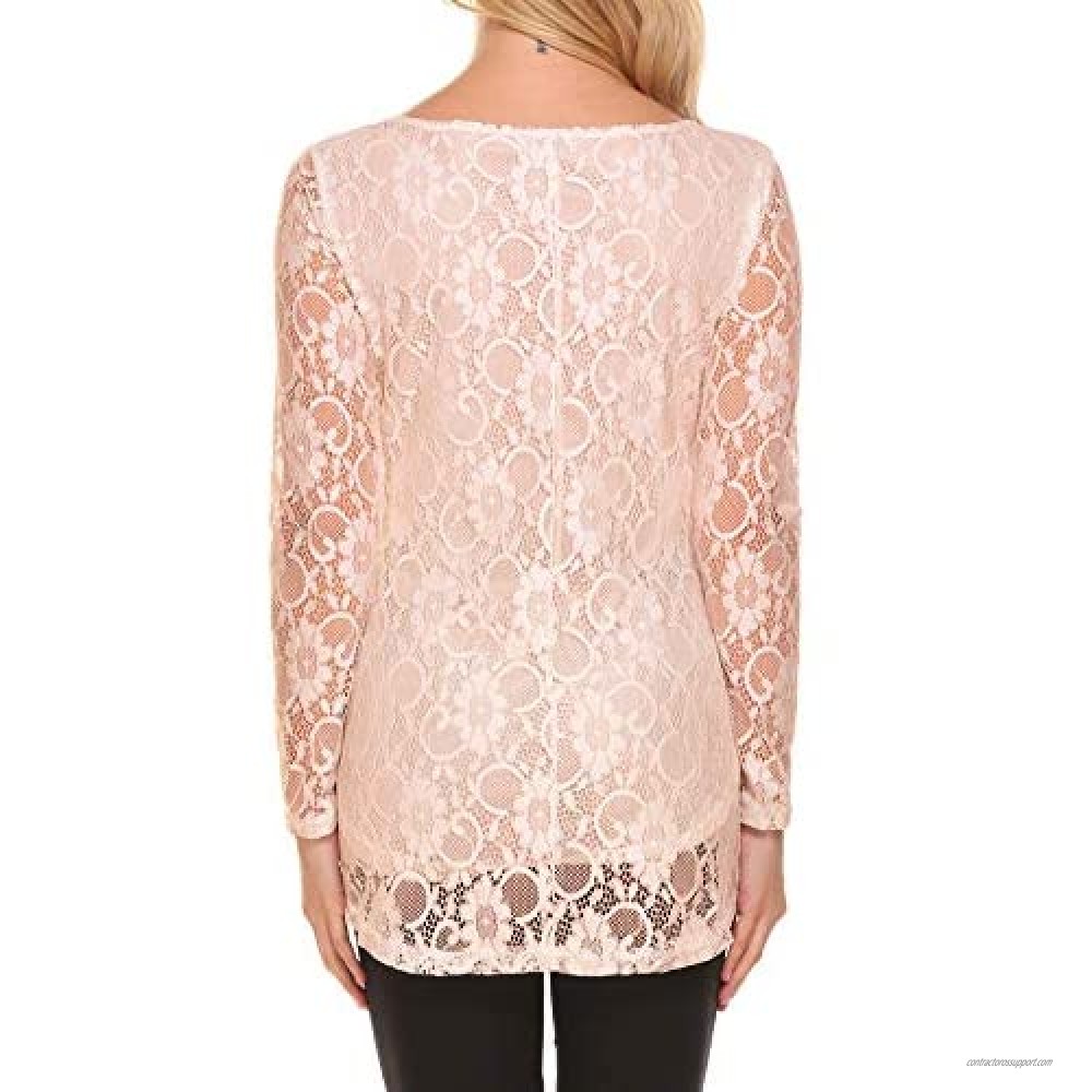SoTeer Women's Lace Long Sleeve Top Curved Hem Double Layers Blouse Shirt Tops S-XXL