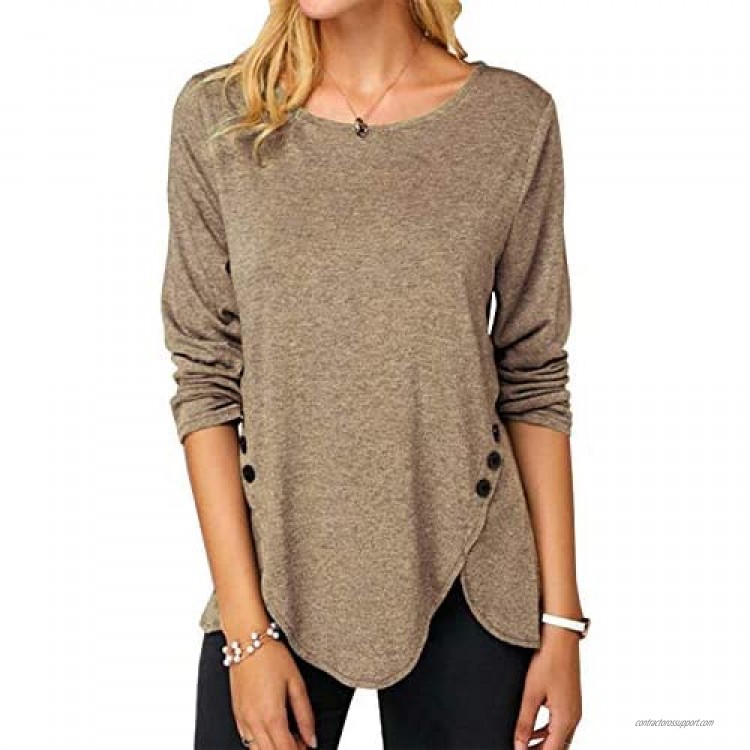 Womens Casual Long Sleeve Tunic Shirts Round Neck Button Side Blouses Tops