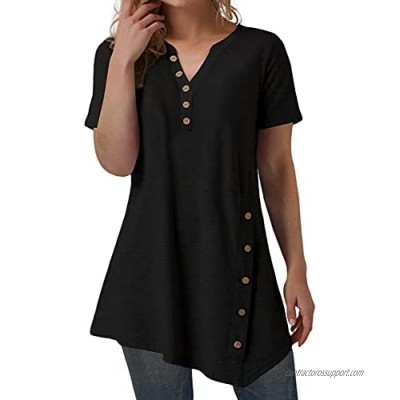 Women's Short Sleeve V Neck T Shirt Button Side Tunic Tops Blouse Asymmetrical Shirt Top