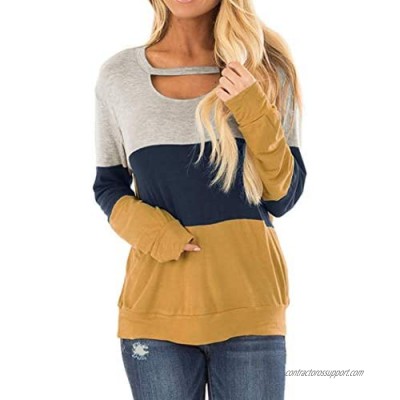 Womens Tops Long Sleeve Fall T Shirts Chest Cutout Color Block Casual Blouses