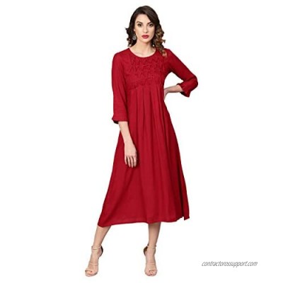YASH GALLERY Women's Dotted Rayon Dobby Solid A-Line Dress (Maroon)