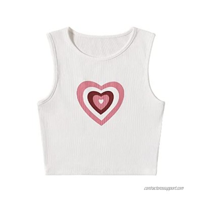 Floerns Women's Heart Print Sleeveless Round Neck Rib Knit Crop Tank Top