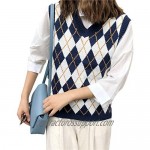 Women Teen Girls Knitted Argyle Sweater Y2K Cute Plaid Vest V Neck Sleeveless Knitwear Slim Fashion Preppy Style Tank Top