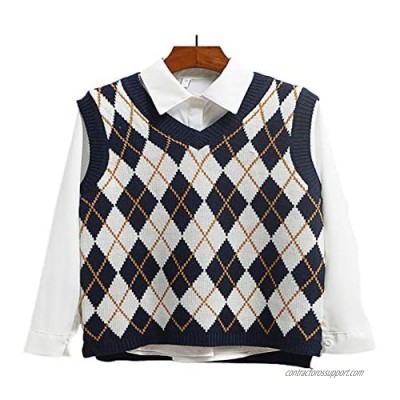 Women Teen Girls Knitted Argyle Sweater Y2K Cute Plaid Vest V Neck Sleeveless Knitwear Slim Fashion Preppy Style Tank Top