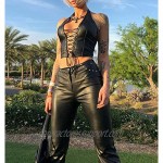 Women's Sexy PU Leather Vest Summer Halterneck Backless Top Lace Up Front