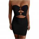 Women's Sexy Strapless Party Dresses Slim-Fit Ruched Cut Out Bodycon Club Mini Skirts