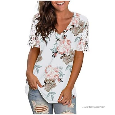 Womens Tops V Neck T Shirts Women Loose Fit Floral Printing Short Sleeved Tops for Women T-Shirt Blouse