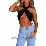 Women's Y2K Sexy Crisscross Halter Neck Cutout Crop Top Bandage Backless Basic Tees Strappy Tie Sheer Cup Camisole