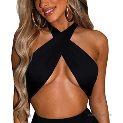 Women's Y2K Sexy Crisscross Halter Neck Cutout Crop Top Bandage Backless Basic Tees Strappy Tie Sheer Cup Camisole