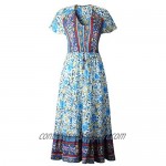 Angashion Women Dresses-Summer Casual Short Sleeve High Waist V Neck Floral Print Button Up Maxi Dress