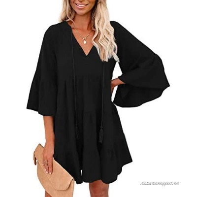 BLENCOT Womens Casual Half Sleeve Summer Tunic Dress V Neck Loose Flowy Swing Shift Mini Dress
