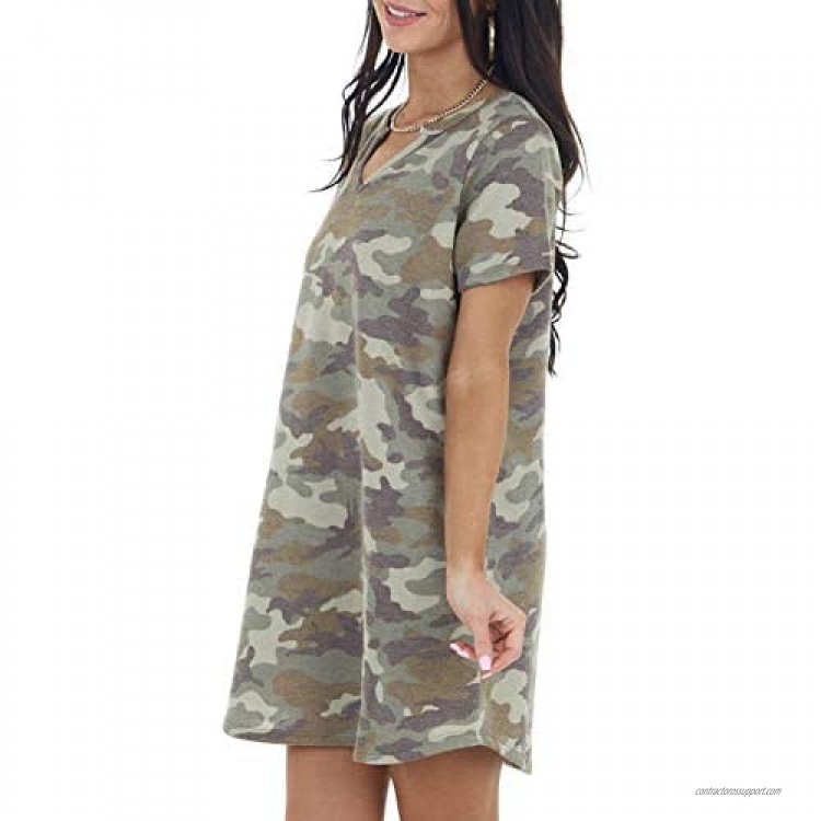Blibea Women's Summer Casual T Shirt Dresses Camo Print Ruffled Short Sleeve Shift Mini Dress