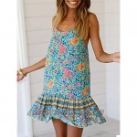 SHIBEVER Women's Dresses Bohemian Floral Printed Spaghetti Strap Sun Dress Summer Beach Swing Mini Dress S-2XL