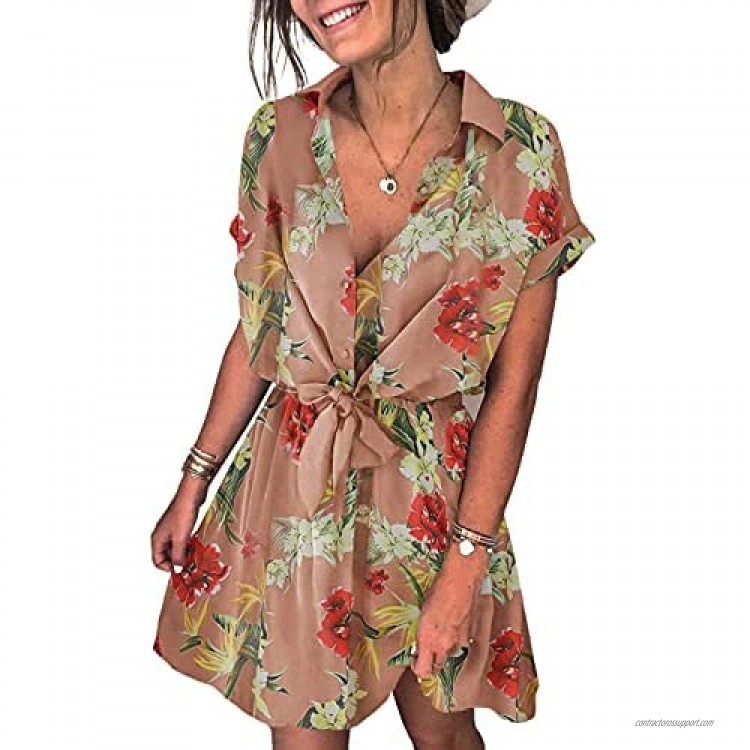 Sidefeel Womens V Neck Button Down Polka Dot Printed Short Sleeve Mini Dresses