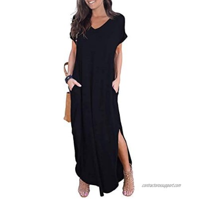 SouqFone Women's Casual Maxi Dresses Beach Cover Up Short Sleeve Split Long Loose Dress with Pockets