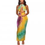 Women's Sexy Two-Piece Maxi Dress Halter Floral Printed V Neck Sleeveless Summer Beach Party Clubwear